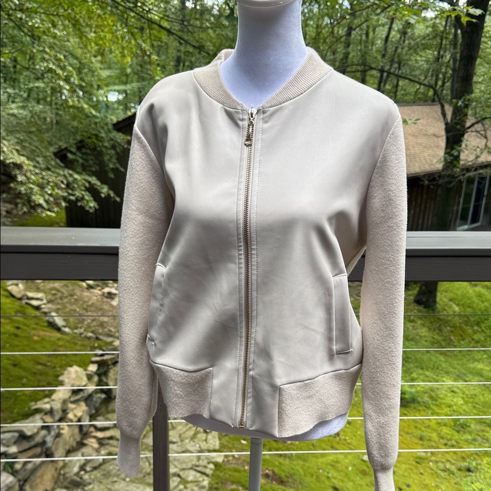 Cynthia Rowley Beige Sweater Faux Leather Bomber Jacket
